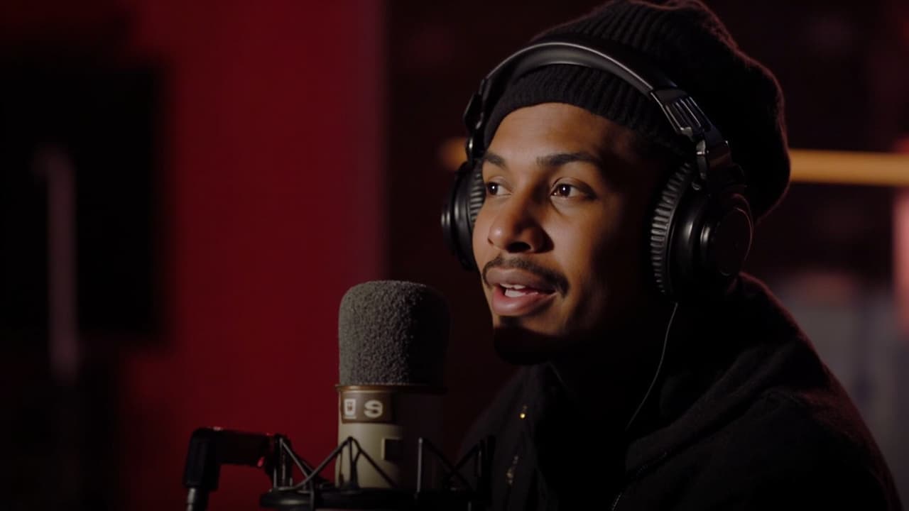 Podcast microphone silhouetted against the Nottingham Lace Market